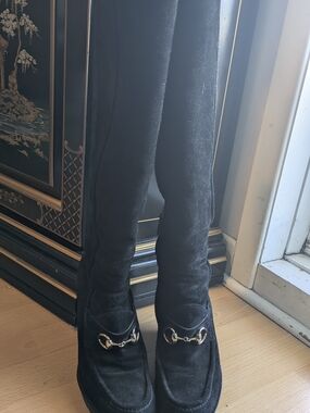Black Gucci Suede Knee-High Wedge Boots with Horsebit Detail